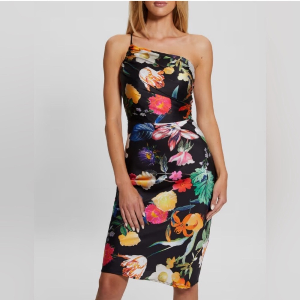 Floral One-Shoulder Dress - Black